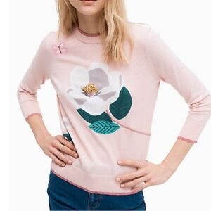 Kate Spade Cameo Pink Embroidered Floral Cotton/Cashmere Sweater, Size Small